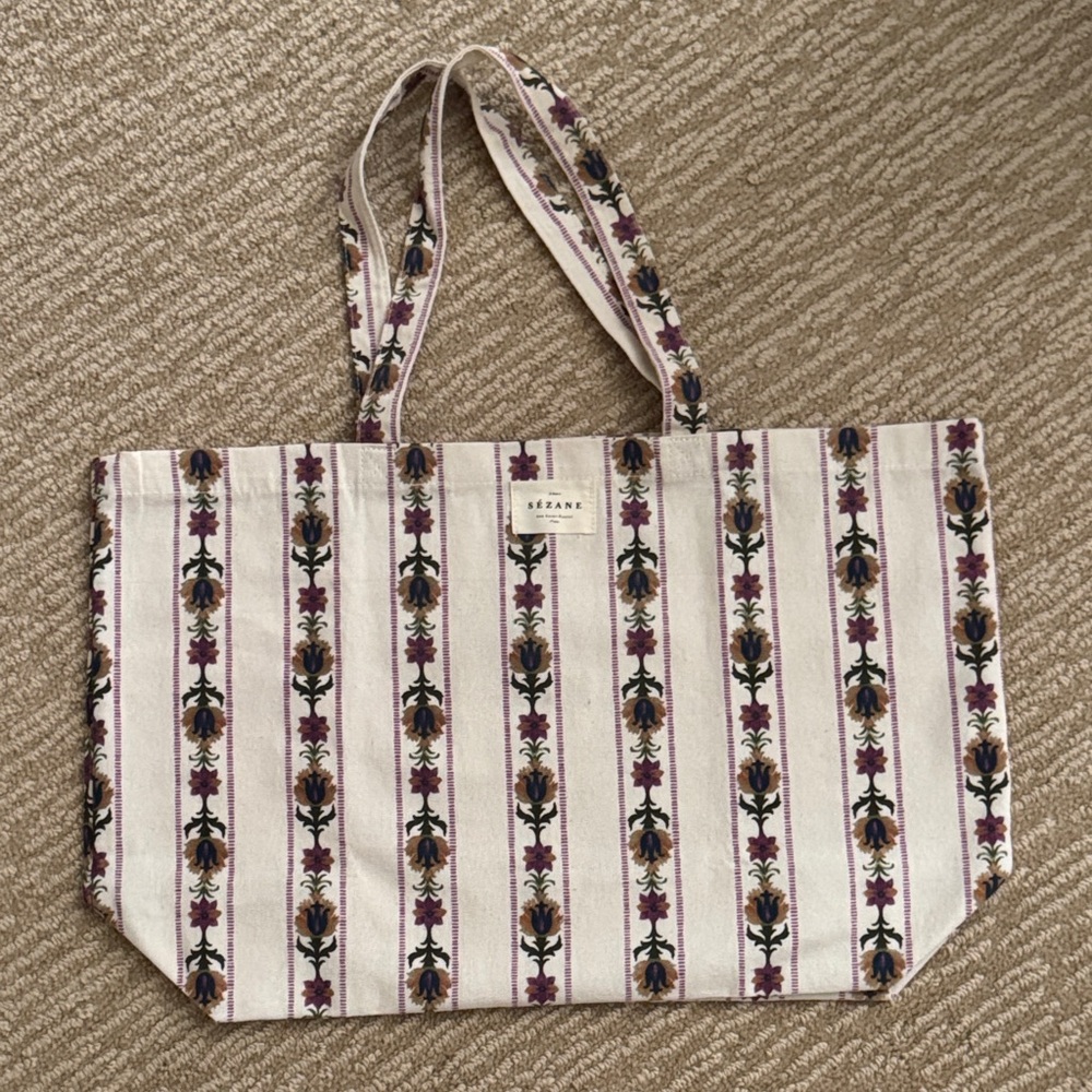Sezane Cream and Purple Floral Tote Bag